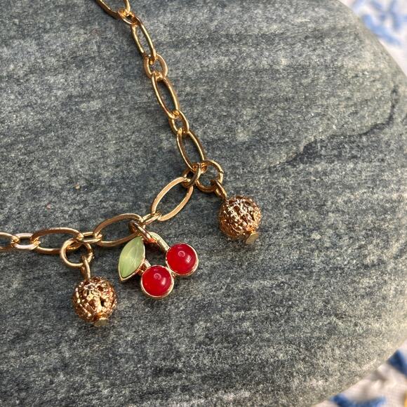 Fruity Charm Bracelet Rhinestones Enamel on Gold Paperclip Chain Dainty NEW Cute - Picture 4 of 7